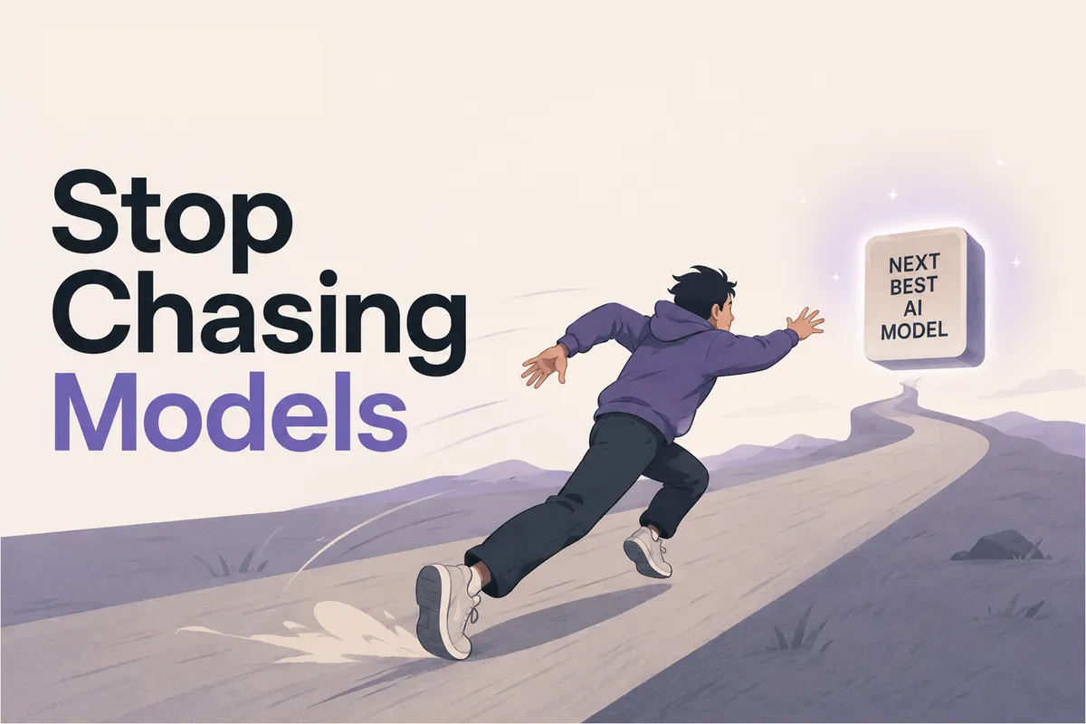 Illustration of a person sprinting down a winding road toward a glowing sign that reads "Next best AI model", beside the words "Stop Chasing Models"