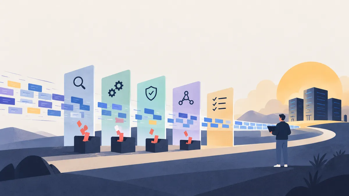 Illustration of a stream of code blocks passing through five translucent verification panels that drop red defects into bins, while a person holding a laptop watches the checked code travel down a winding road toward server buildings and a rising sun